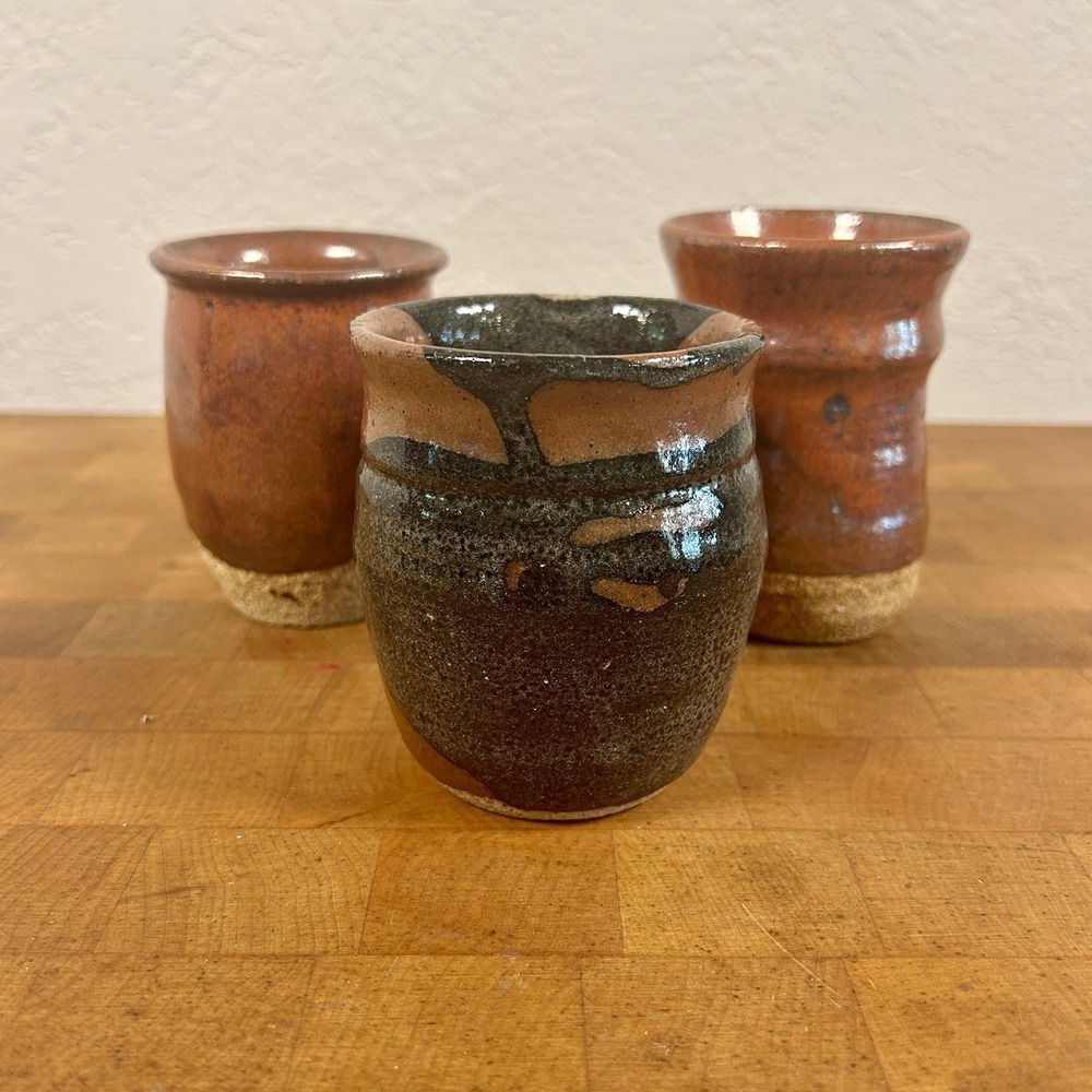 VTG MCM Studio Pottery Tumblers Set of 3 Signed "S" Earth Tone Stoneware Cups